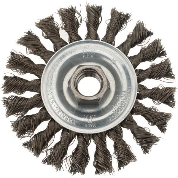 Weiler 94849 Wheel Brush 4" Wheel Dia, 3/8" Face Width, 0.0140" Wire Dia, Knotted