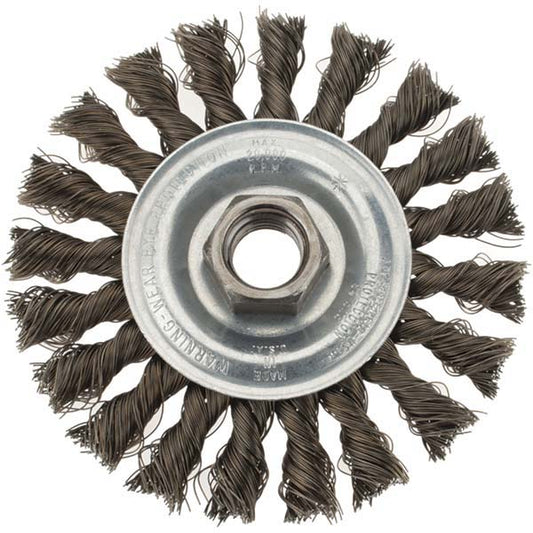 Weiler 94849 Wheel Brush 4" Wheel Dia, 3/8" Face Width, 0.0140" Wire Dia, Knotted
