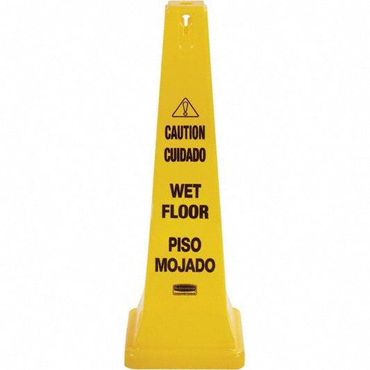 Rubbermaid FG627677YEL Heavy-Duty Multilingual Caution/Warning Wet Floor Safety Cone, Tall/Durable, 36", Yellow