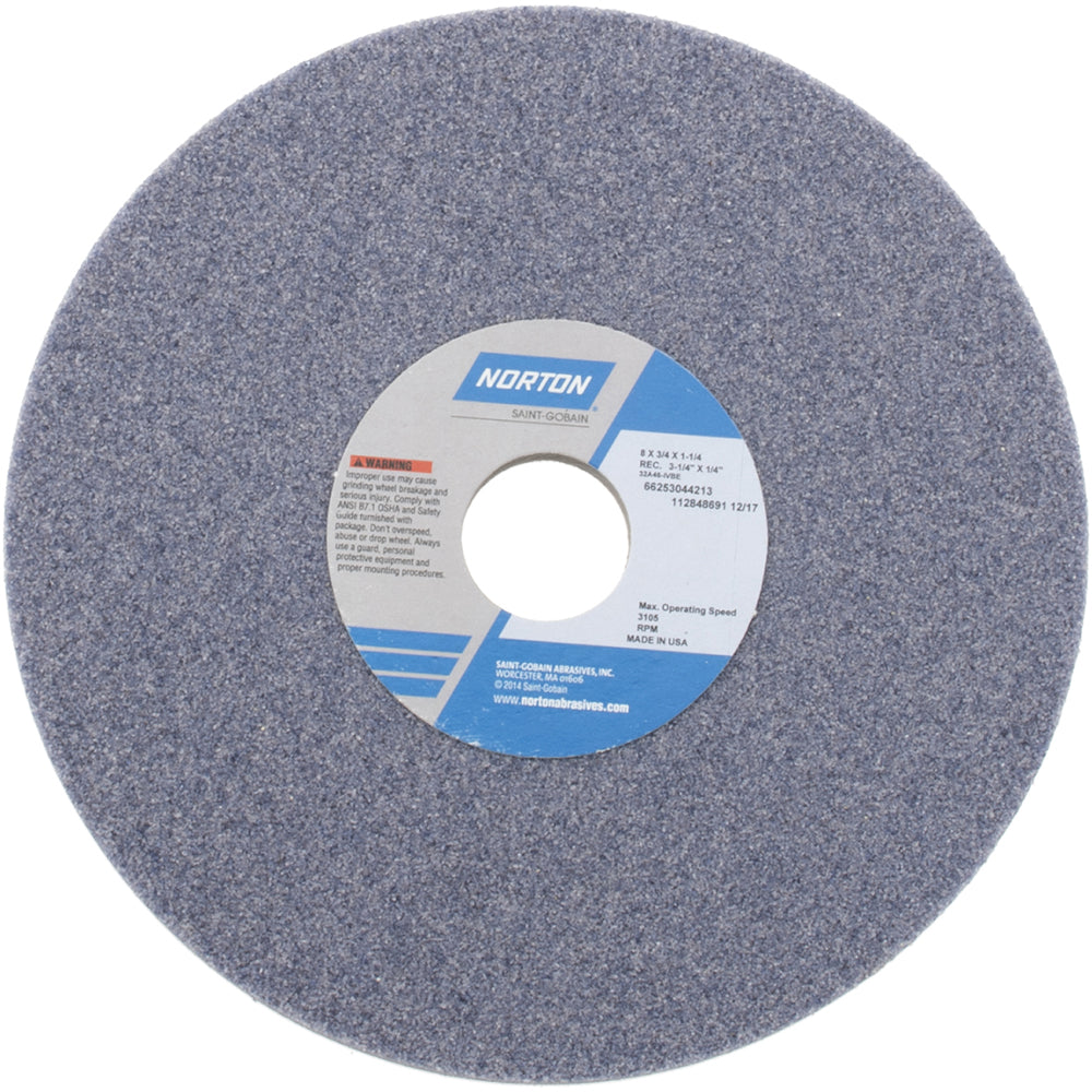 Norton 66253044213 Surface Grinding Wheel 8" Dia, 3/4" Thick, 1-1/4" Hole, 46 Grit, I Hardness