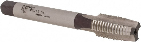 Dormer Pramet 5976727 Straight Flute Tap M12x1.5 Metric Fine, 3 Flute, Taper Chamfer, 6H Class of Fit, HSS, Bright/Uncoated Finish