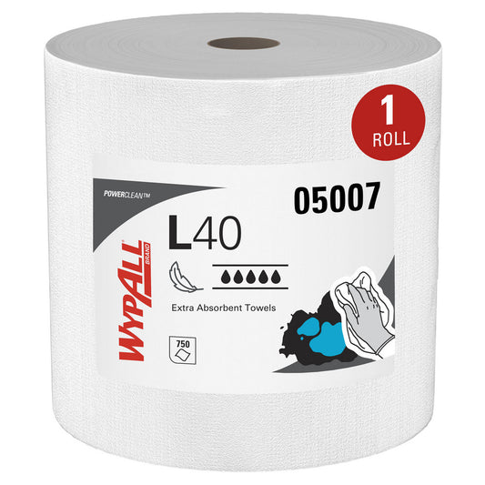 WypAll 05007 PowerClean L40 Extra Absorbent Towels, Jumbo Roll, Limited Use Towels, White