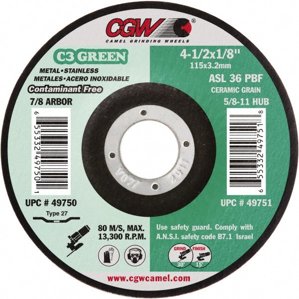 CGW Abrasives 49750 Depressed Center Wheel Type 27, 4-1/2" Dia, 1/8" Thick, Aluminum Oxide