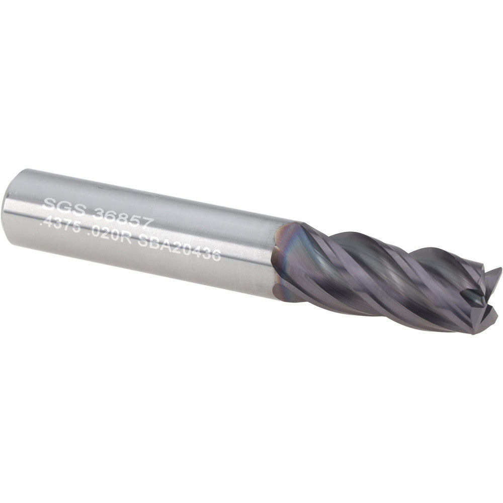 Kyocera SGS Precision Tools 36857 Corner Radius End Mill 7/16" Dia, 1" LOC, 0.0200" Radius, 4 Flute, Solid Carbide