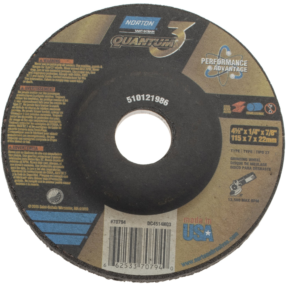 Norton 66253370794 Depressed Center Wheel Type 27, 4-1/2" Dia, 1/4" Thick, Ceramic