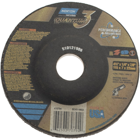 Norton 66253370794 Depressed Center Wheel Type 27, 4-1/2" Dia, 1/4" Thick, Ceramic