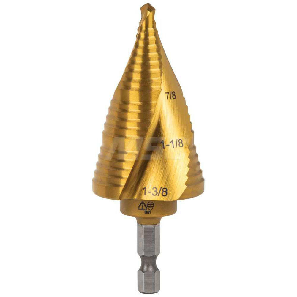 Klein Tools KTSB15 Step Drill Bit 1-3/8" Dia, 3/8" Shank Dia, High Speed Steel, 3 Hole Sizes