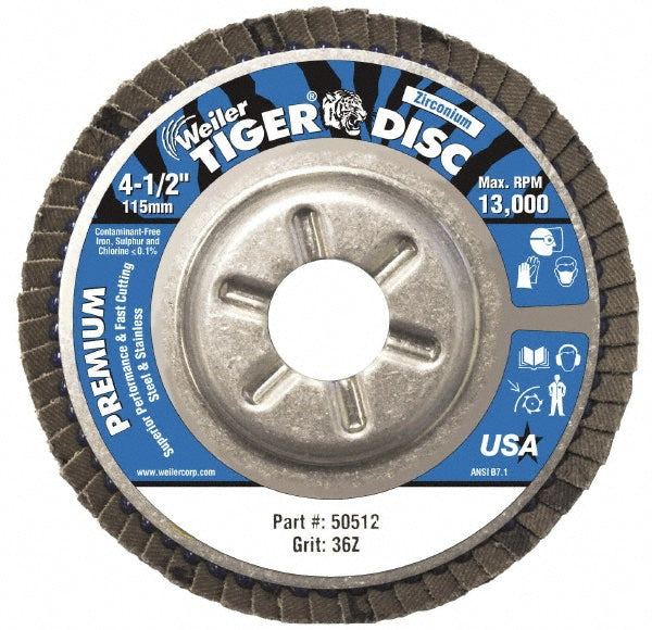 Weiler 50512 Flap Disc  4-1/2" Dia, 7/8" Hole, 36 Grit, Zirconia Alumina, Type 29