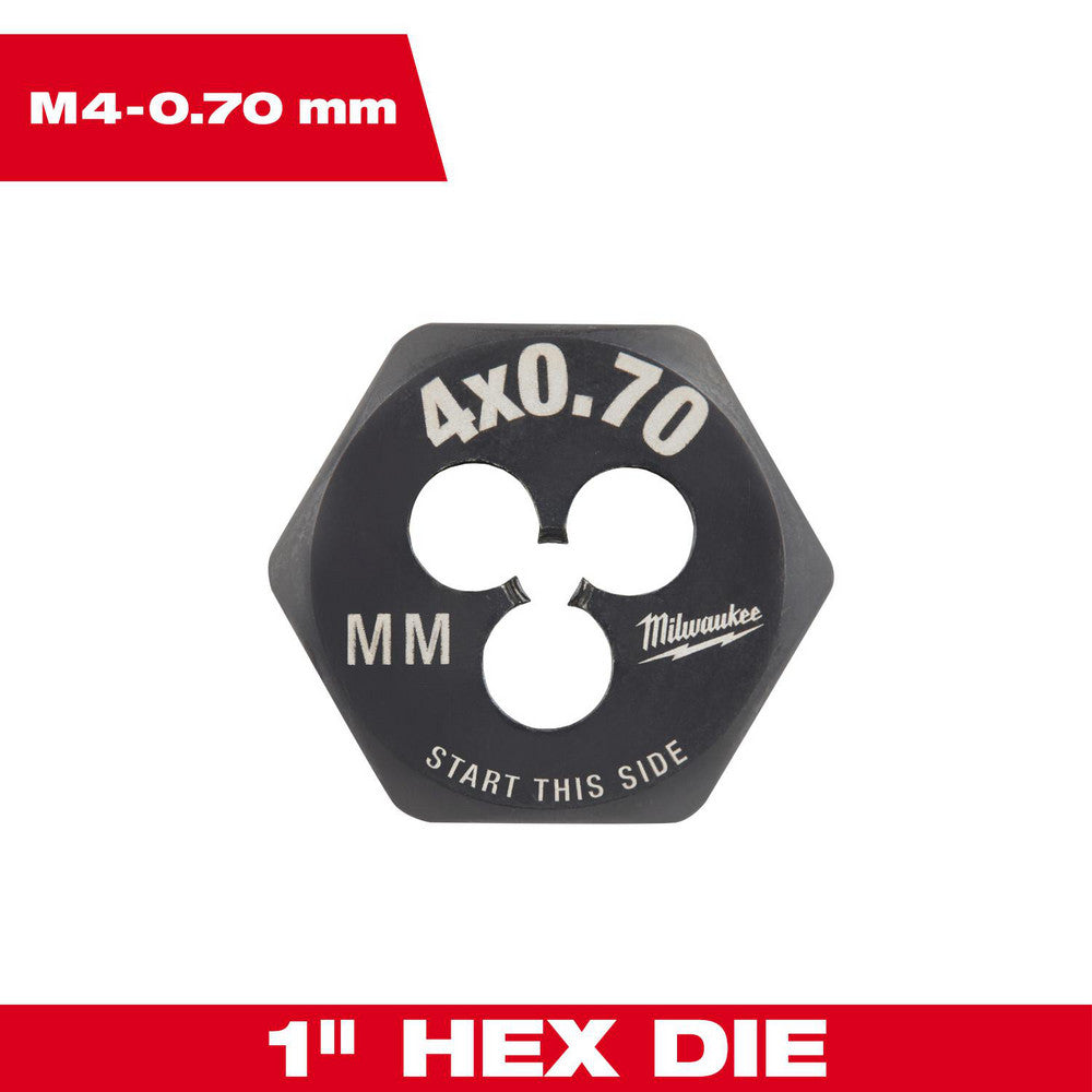 Milwaukee Tool 49-57-5319 Hex Rethreading Dies Thread Size (mm) M4x0.7  Material Carbon Steel  Thread Direction Right Hand  Thread Standard Metric Coarse  Series Hex-LOK  Hex Size (Decimal Inch) 1.0000