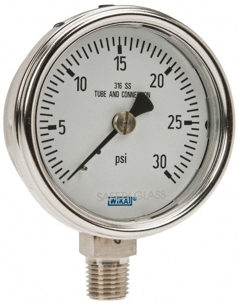 Wika 9744908 Pressure Gauge 2-1/2" Dial, 0 to 30 psi, 1/4" Thread, NPT, Lower Mount