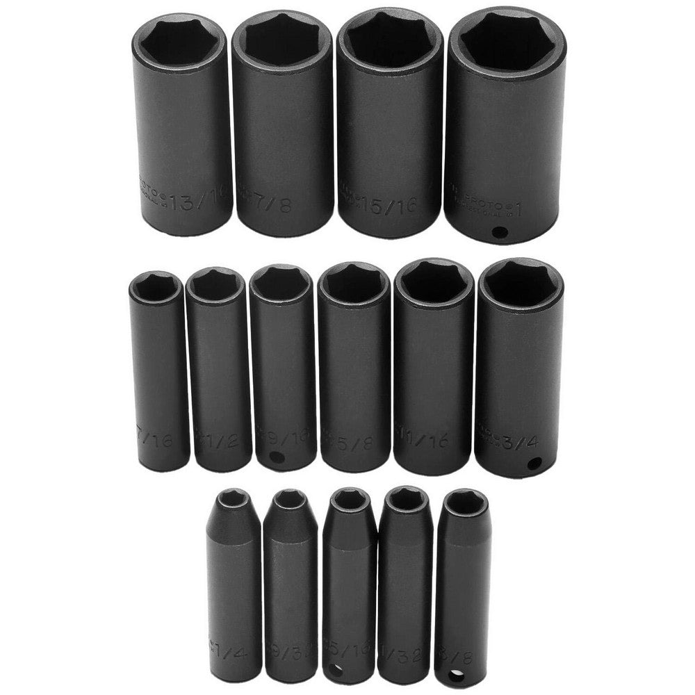 Proto J72116 Deep Impact Socket Set 15 Pc, 3/8" Drive, 1/4 to 1" Socket