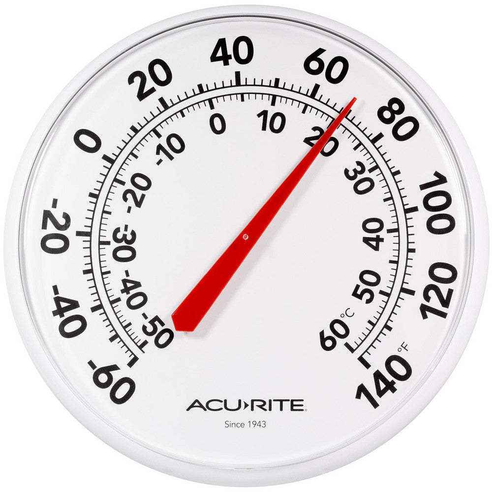 Acu-Rite 01360A1 Surface Thermometers Thermometer Type Window/Wall Thermometer  Minimum Temperature -60  Maximum Temperature 140F  Temperature Accuracy +/- 4 F  Dial Diameter 12.5in  Graduation 1.0000