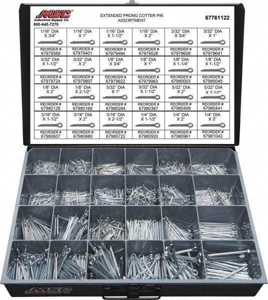 Value Collection 67761122 2,325 Piece, 1/16 to 1/4" Pin Diam, Extended Prong Cotter Pin Assortment