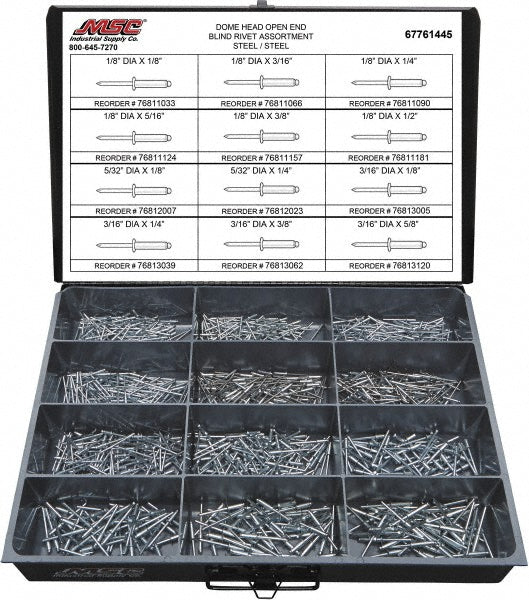 Value Collection 67761445 1,100 Piece, 1/8 to 3/16" Hole Diam, Dome Head, Steel Blind Rivet Assortment