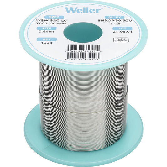 Weller T0051388499 Solder Solder Type Lead Free  Material Alloy  Container Type Spool  Container Size 100 g  Minimum Melting Temperature 422.6  Maximum Melting Temperature 429.8
