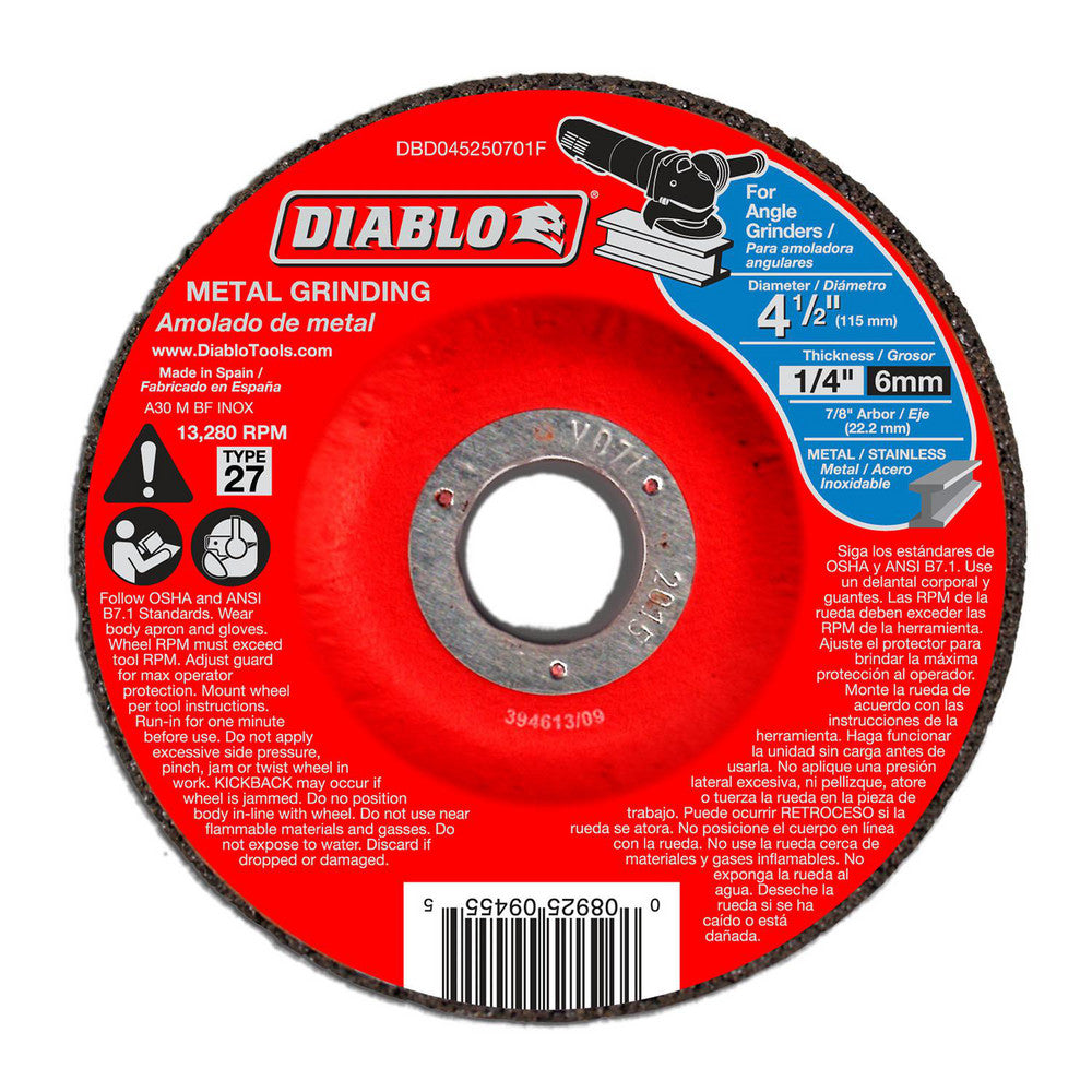 DIABLO DBD045250701F Depressed-Center Wheel Type 27, 4-1/2" Dia, 1/4" Thick, 7/8" Hole