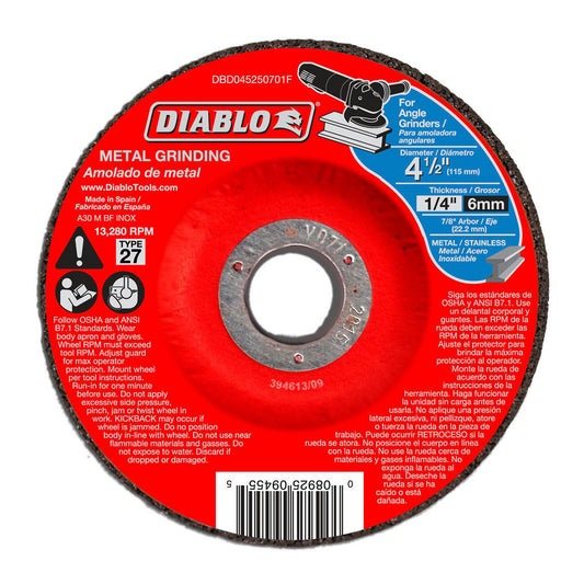 DIABLO DBD045250701F Depressed-Center Wheel Type 27, 4-1/2" Dia, 1/4" Thick, 7/8" Hole