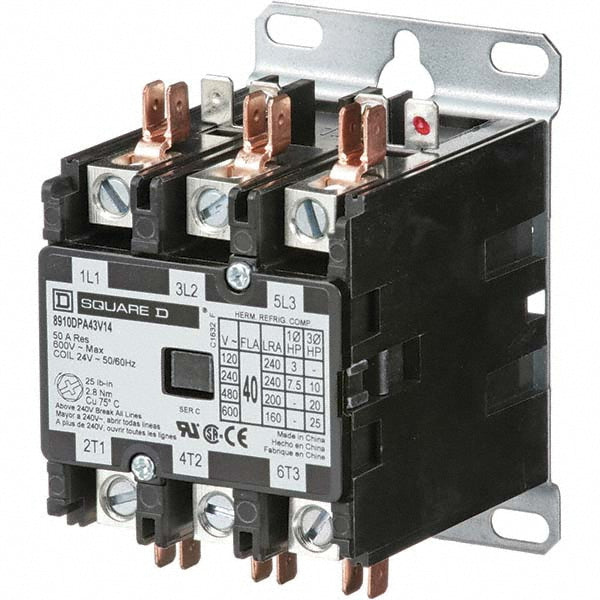Square D 8910DPA43V14 3 Pole, 40 Amp Inductive Load, 24 Coil VAC at 50/60 Hz, Definite Purpose Contactor