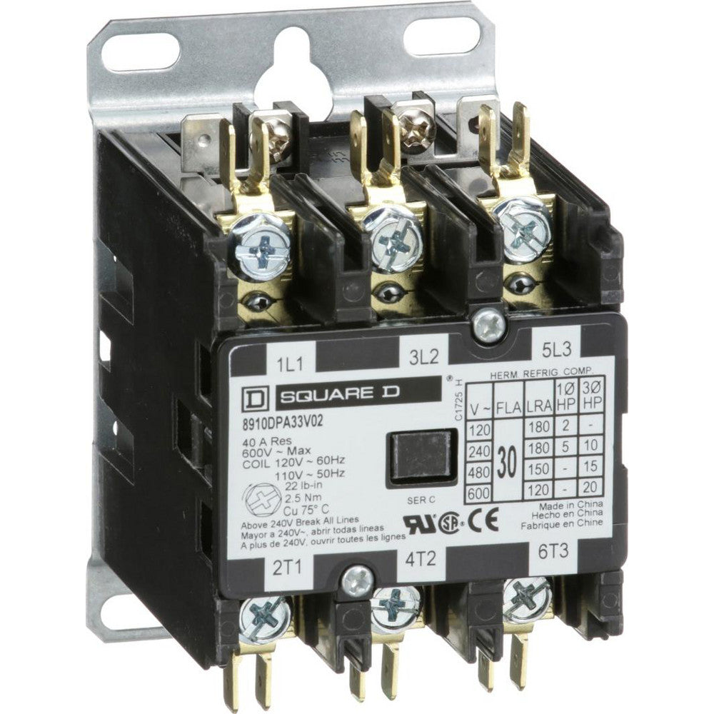 Square D 8910DPA33V02 3 Pole, 30 Amp Inductive Load, 110 Coil VAC at 50 Hz and 120 Coil VAC at 60 Hz, Definite Purpose Contactor