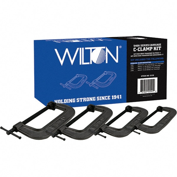 Wilton 11115 C-Clamp & Cantilever Clamp Sets Clamp Type Standard C-Clamp Type Kit Application Strength Extra Heavy-Duty Number of Pieces 4 Maximum Opening Capacity 8 in Throat Depth Style Standard Depth Includes Set of 4 Clamps Clamp Material Ductile I