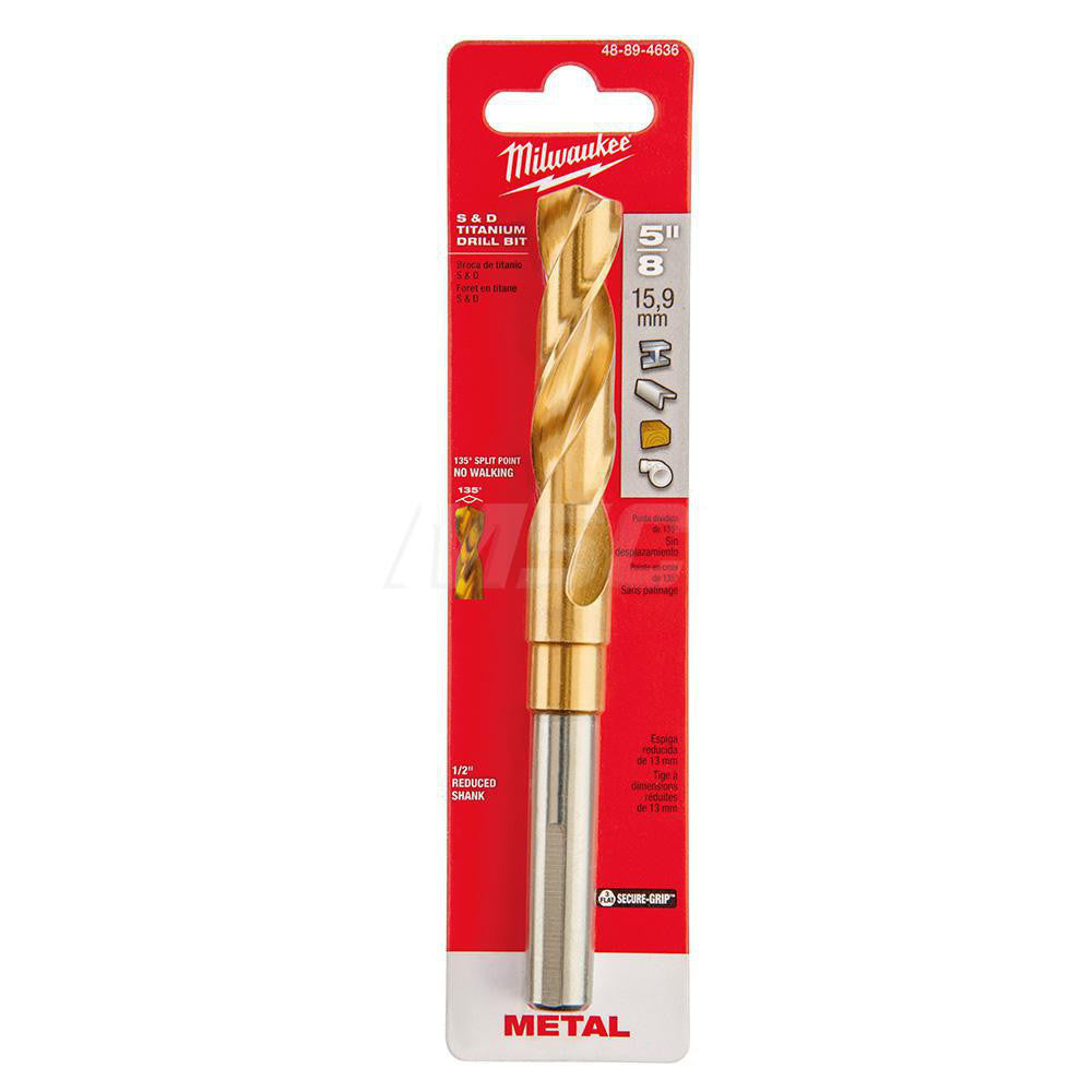 Milwaukee Tool 48-89-4636 Reduced Shank Drill Bit 5/8'' Dia, 1/2'' Shank Dia, 135 Â°, High Speed Steel