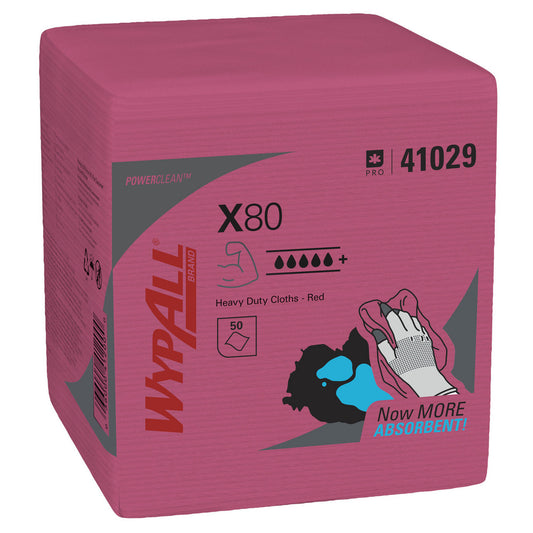 WypAll 41029 PowerCleanâ„¢ X80 Heavy Duty Cloths (41029), Quarterfold, Extended Use Towels, Red