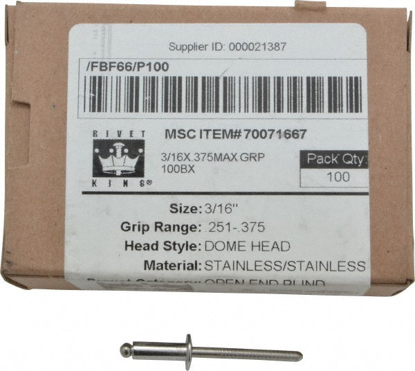 RivetKing FBF66/P100 Size 66 Dome Head Stainless Steel Open End Blind Rivet