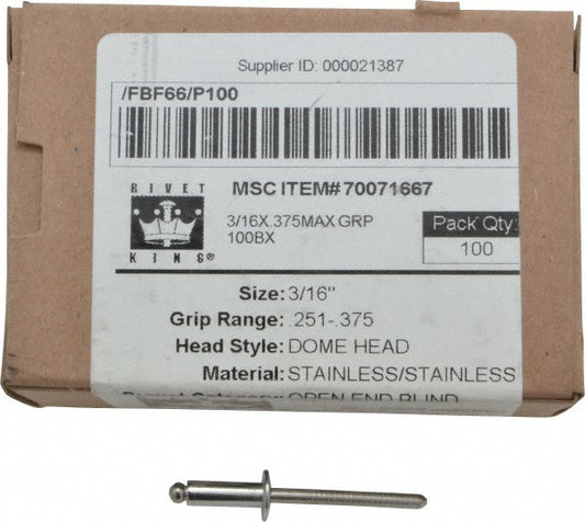 RivetKing FBF66/P100 Size 66 Dome Head Stainless Steel Open End Blind Rivet