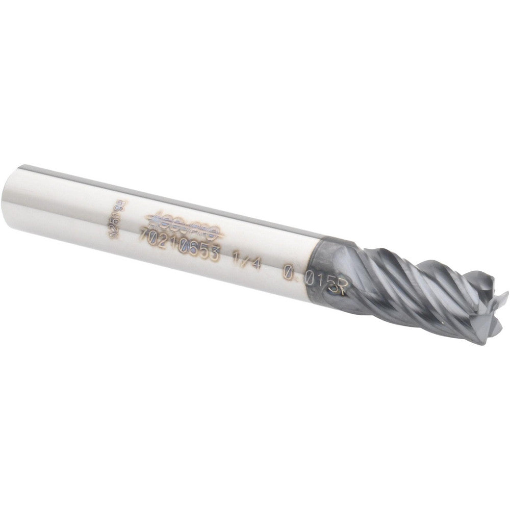 Accupro 70210653 Corner Radius End Mill 1/4" Dia, 3/8" LOC, 0.015" Radius, 5 Flutes, Solid Carbide