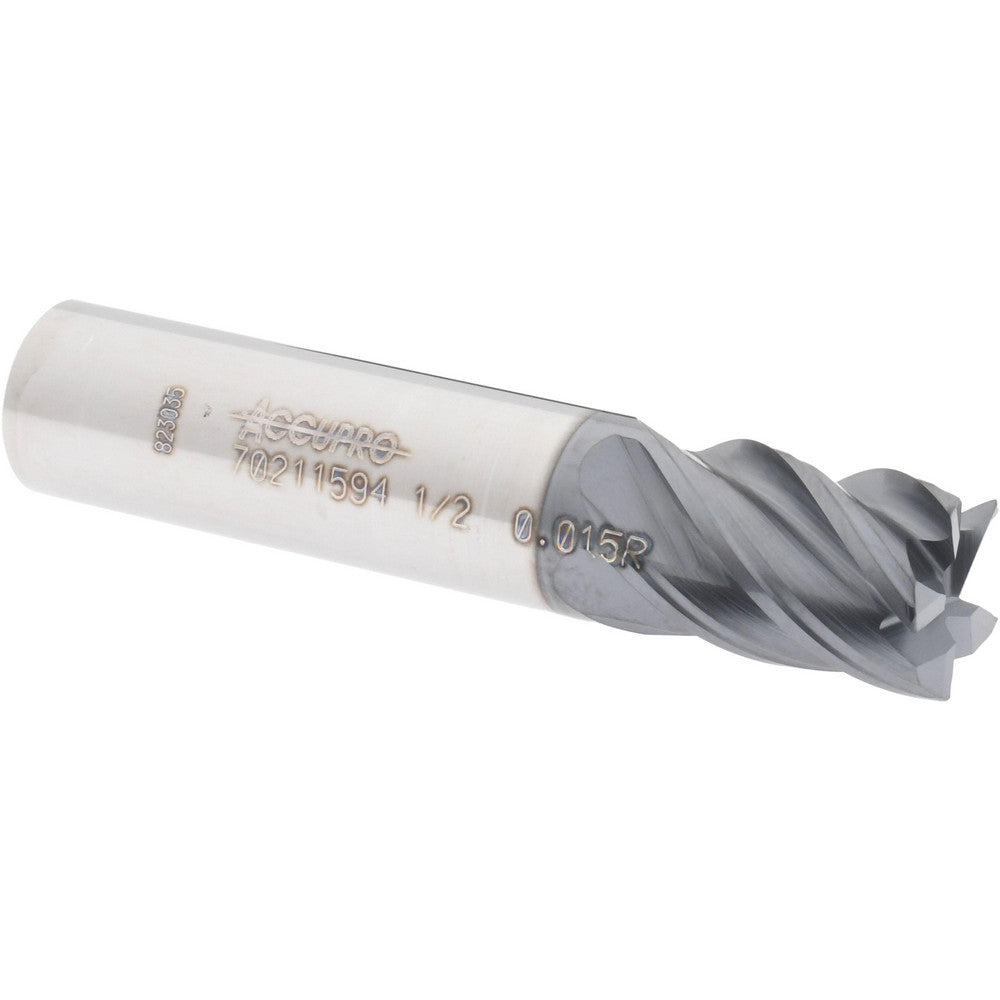 Accupro 70211594 Corner Radius End Mill 1/2" Dia, 5/8" LOC, 0.015" Radius, 5 Flutes, Solid Carbide