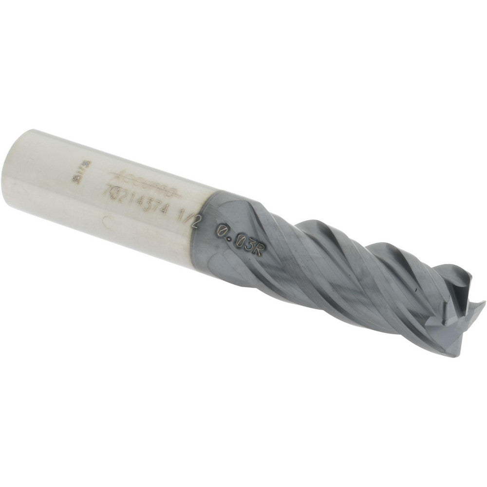 Accupro 70214374 Corner Radius End Mill 1/2" Dia, 1-1/4" LOC, 0.03" Radius, 4 Flutes, Solid Carbide