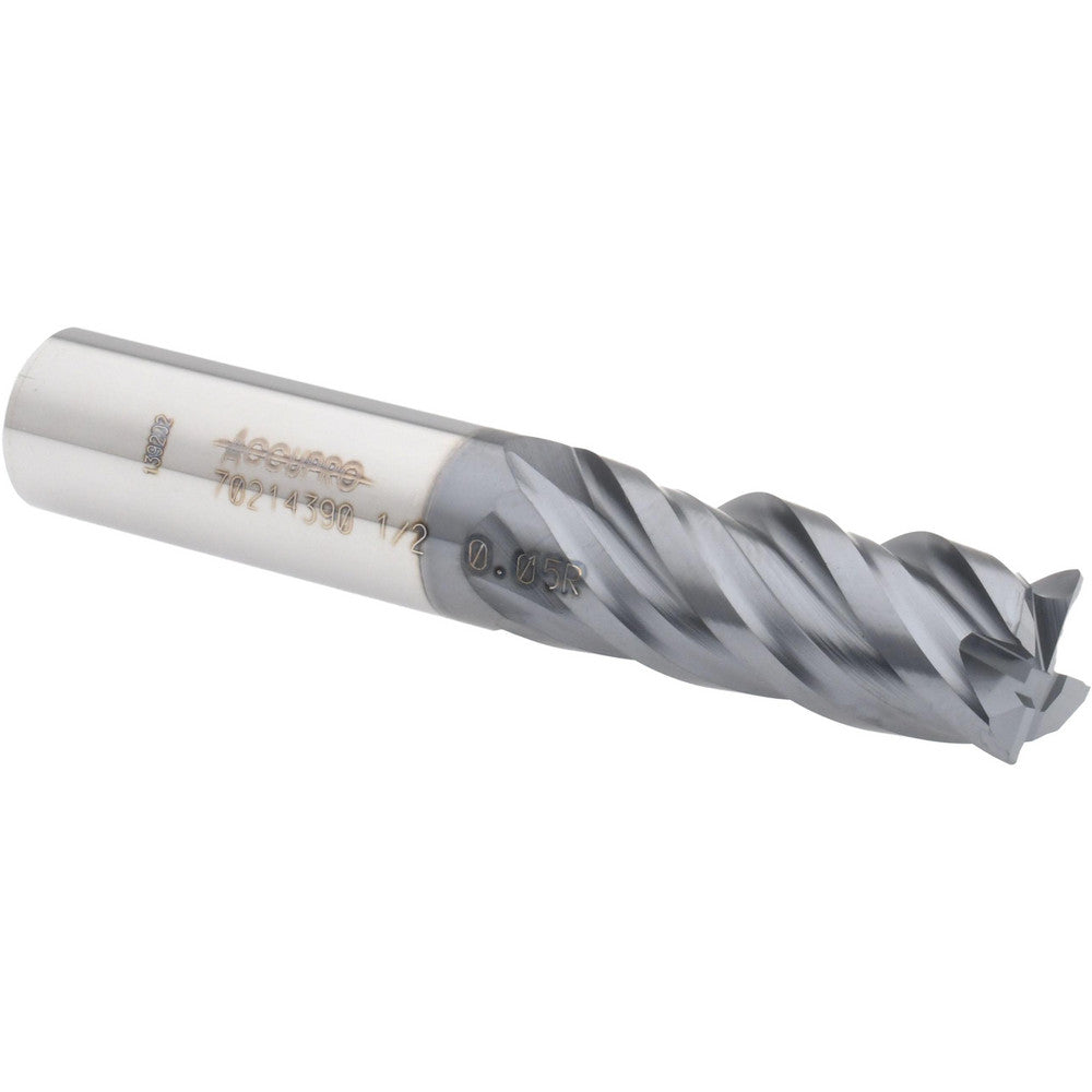 Accupro 70214390 Corner Radius End Mill 1/2" Dia, 1-1/4" LOC, 0.015" Radius, 4 Flutes, Solid Carbide