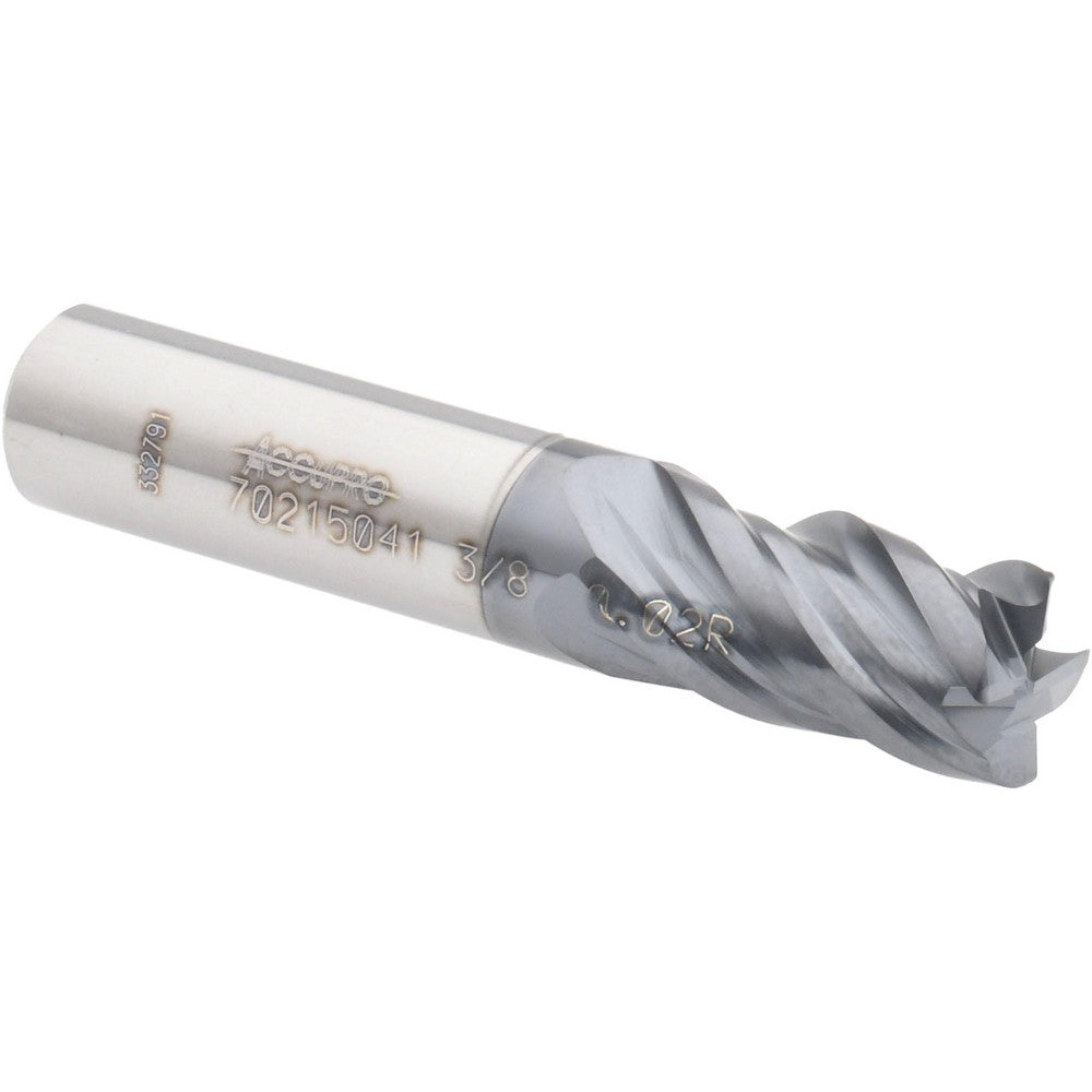 Accupro 70215041 Corner Radius End Mill 3/8" Dia, 5/8" LOC, 0.02" Radius, 4 Flutes, Solid Carbide