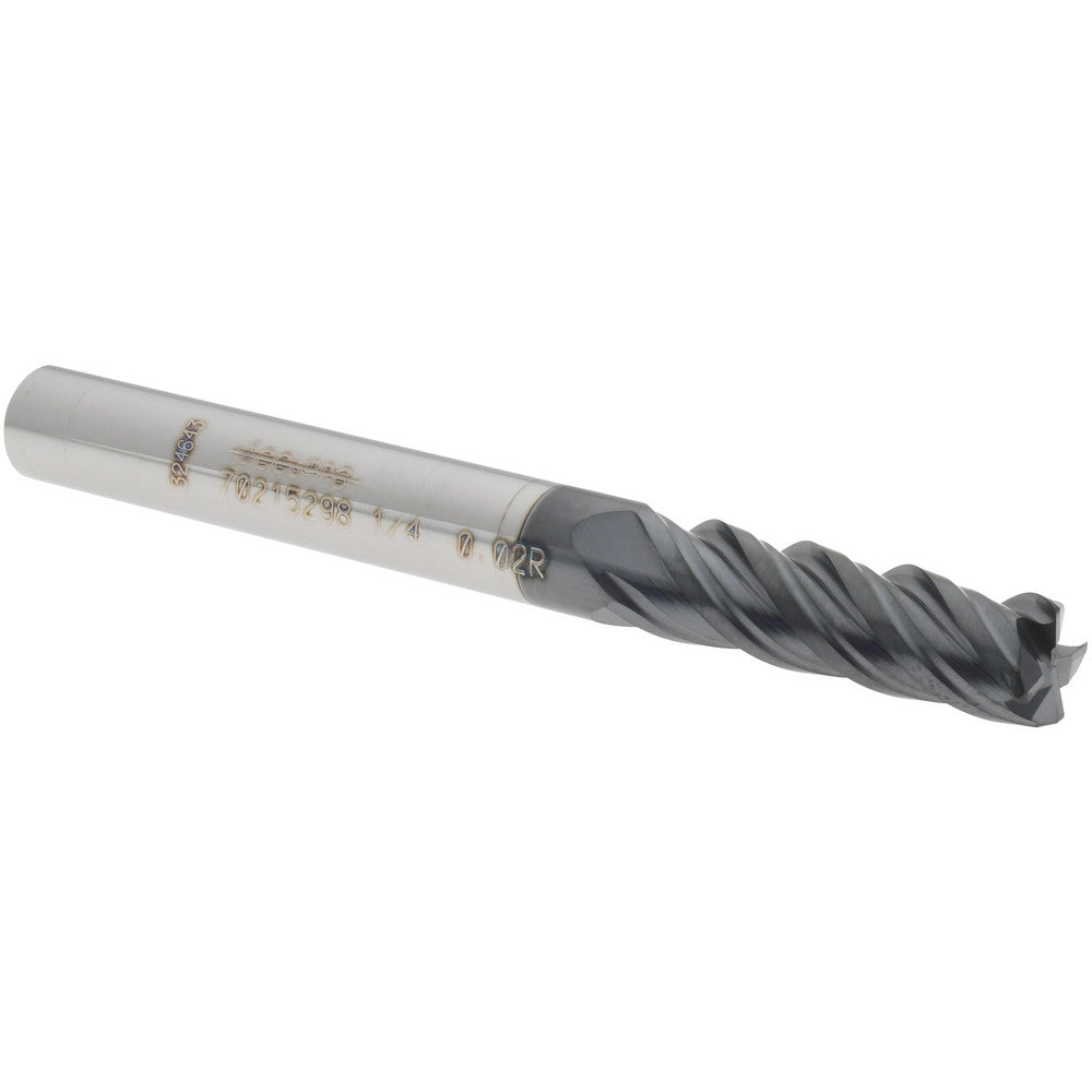 Accupro 70215298 Corner Radius End Mill 1/4" Dia, 3/4" LOC, 0.02" Radius, 4 Flutes, Solid Carbide