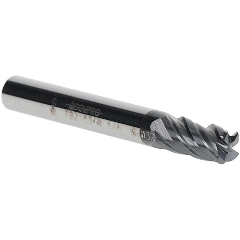 Accupro 70215348 Corner Radius End Mill 1/4" Dia, 3/8" LOC, 0.03" Radius, 4 Flutes, Solid Carbide