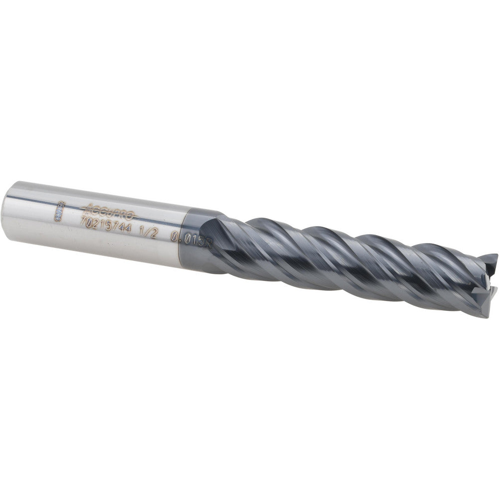 Accupro 70215744 Corner Radius End Mill 1/2" Dia, 2" LOC, 0.0150" Radius, 4 Flute, Solid Carbide