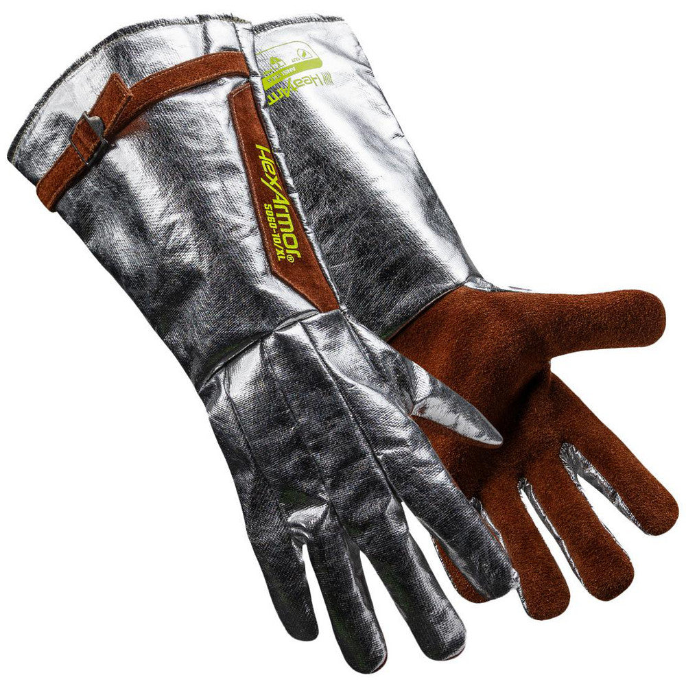 HexArmor 5060-L (9) Welder's & Heat Protective Gloves Welding Applications Foundry Operations Stick Welding  Primary Material Aramid  Size Large  Coating Material Aluminized Carbon-Para Aramid Blend  Coating Coverage Fully Coated  Lining Lined