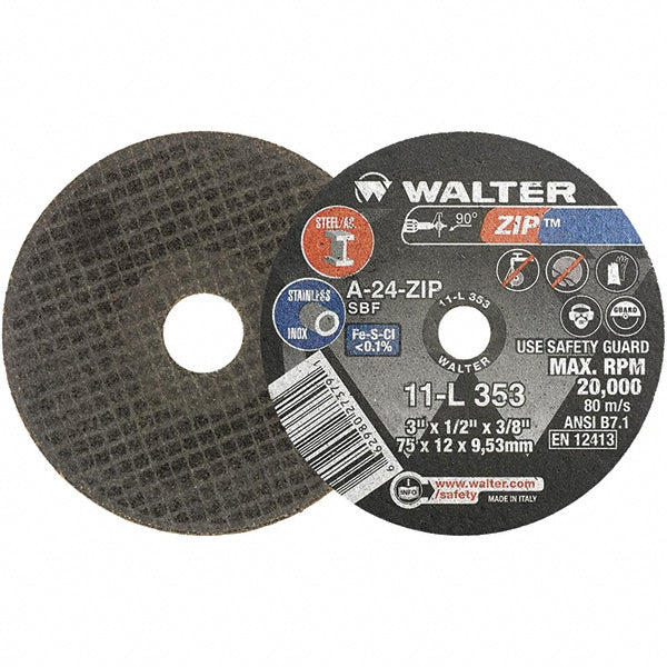 WALTER Surface Technologies 11L353 Cut-Off Wheel Type 1, 3" Dia, 1/2" Thick, 3/8" Hole, Aluminum Oxide