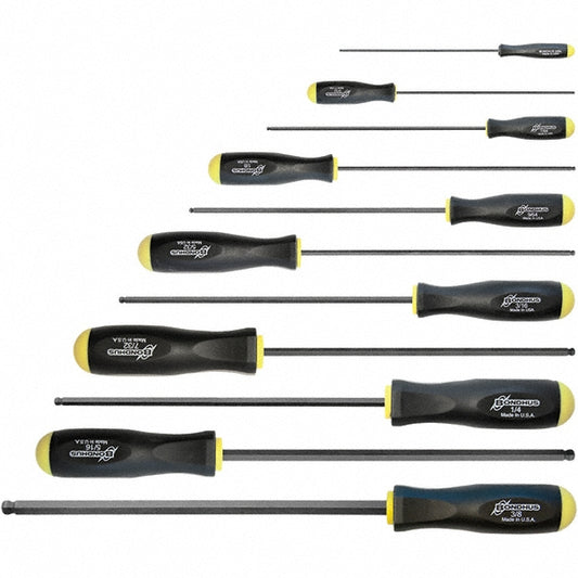 Bondhus 10737 Hex Driver Sets Ball End Yes Size Range (Inch) 5/64 - 3/8 Number of Pieces 11 Includes 5/64, 3/32, 7/64, 1/8, 9/64, 5/32, 3/16, 7/32, 1/4, 5/16, 3/8 in Screwdrivers Features Non-Slip Grip Number Of Pieces 11 Type Screwdriver Set Ball End H