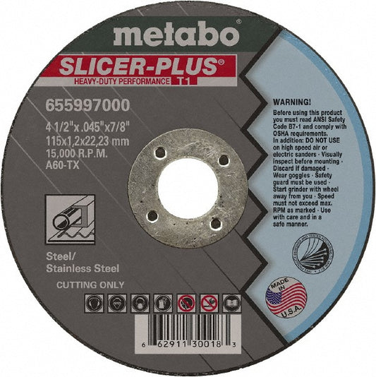 Metabo 655997000 Cutoff Wheel Type 1, 4-1/2" Dia, 0.045" Thick, 7/8" Hole, Aluminum Oxide
