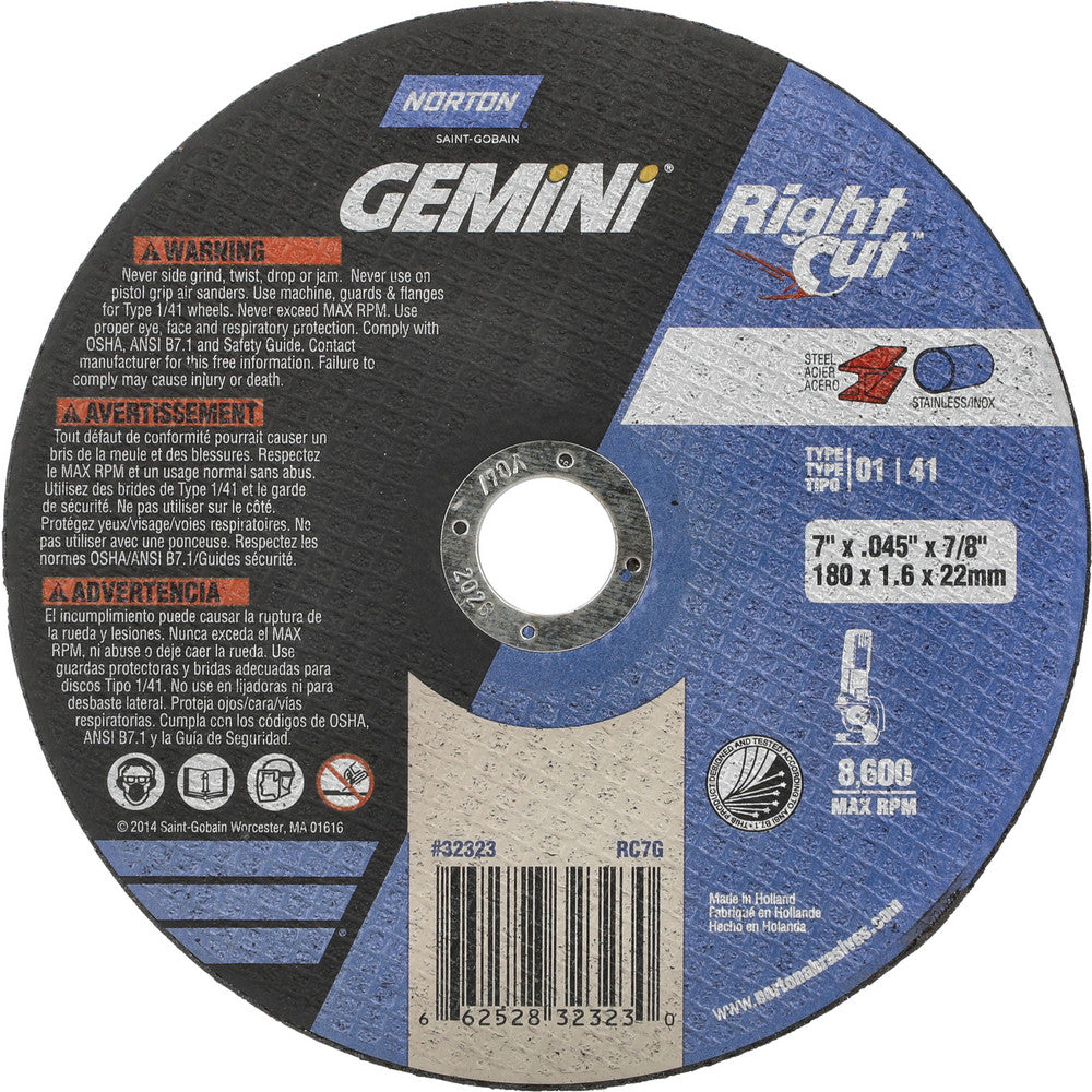 Norton 66252832323 Cutoff Wheel 7" Dia, 0.045" Thick, 7/8" Hole, Aluminum Oxide