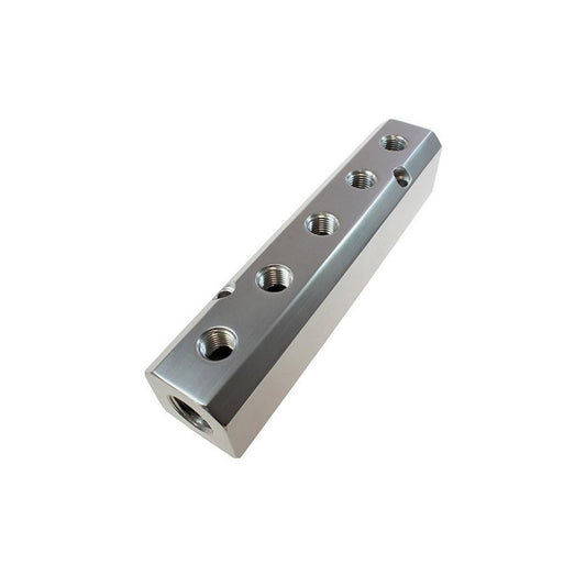 Coilhose Pneumatics 3054 Manifold 1/2" Inlet, 1/4" Outlet, 2 Inlet Ports, 5 Outlet Ports, 7-1/2" OAL, 1-37/64" OAW, 1.58" OAH