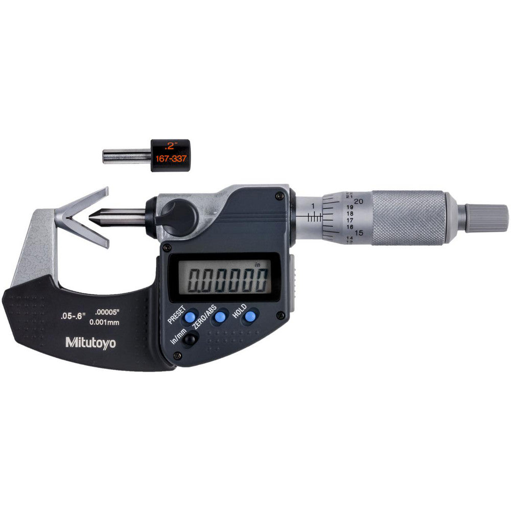 Mitutoyo 314-361-30 0.05 to 0.6 Inch Measurement, Accuracy Up to 4 micro m, 3 Flutes Measured, Ratchet Stop Thimble, Electronic V Anvil Micrometer
