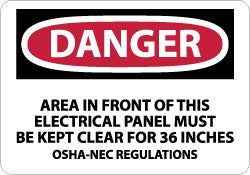 AccuformNMC D225P Accident Prevention Sign Rectangle, "Danger, AREA IN FRONT OF THIS ELECTRICAL PANEL MUST BE KEPT CLEAR FOR 36 INCHES OSHA-NEC REGULATIONS"