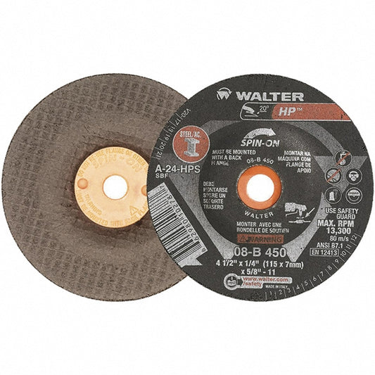 WALTER Surface Technologies 08B450 Depressed Grinding Wheel  Type 27,  4-1/2" Dia,  1/4" Thick,  Aluminum Oxide