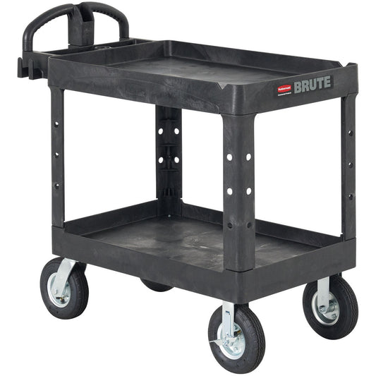 Rubbermaid FG452010BLA BRUTE Heavy Duty 2-Shelf Utility/Service Cart, Medium, Lipped Shelves, Ergonomic Handle, Pneumatic Casters, 500 lbs. Capacity, Black
