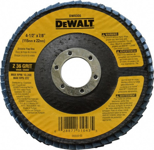 DeWALT DW8306 Flap Disc 7/8" Hole, 36 Grit, Zirconia Alumina, Type 29