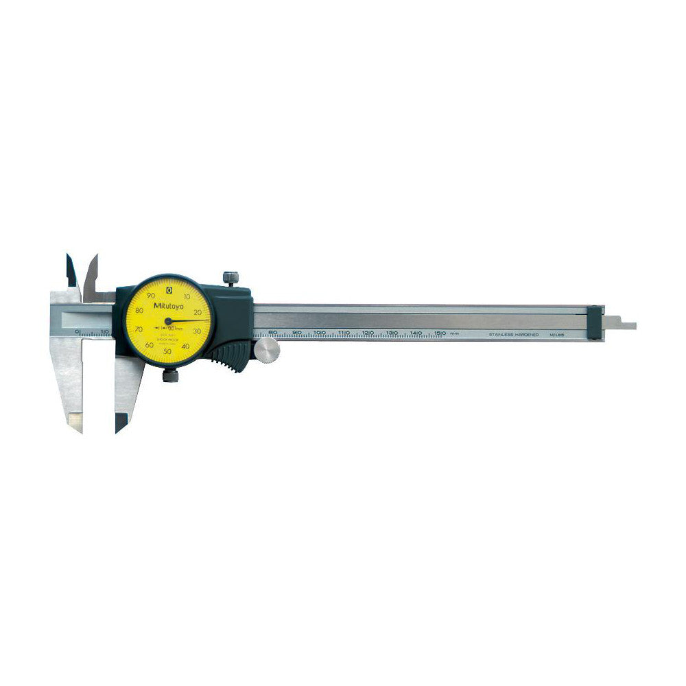 Mitutoyo 505-732 Dial Caliper 150.00 mm, 0.01 mm Graduation, 1 mm per Revolution, 0.03 mm Accuracy, Stainless Steel Jaws