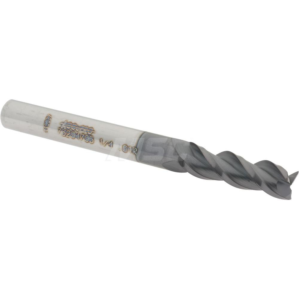 Accupro 73294795 Corner Radius End Mill 1/4" Dia, 3/4" LOC, 0.01" Radius, 3 Flutes, Solid Carbide