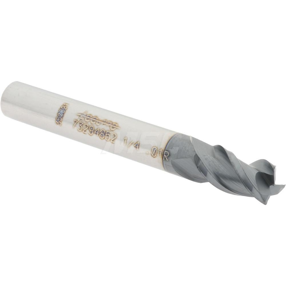 Accupro 73294852 Corner Radius End Mill 1/4" Dia, 3/8" LOC, 0.01" Radius, 3 Flutes, Solid Carbide